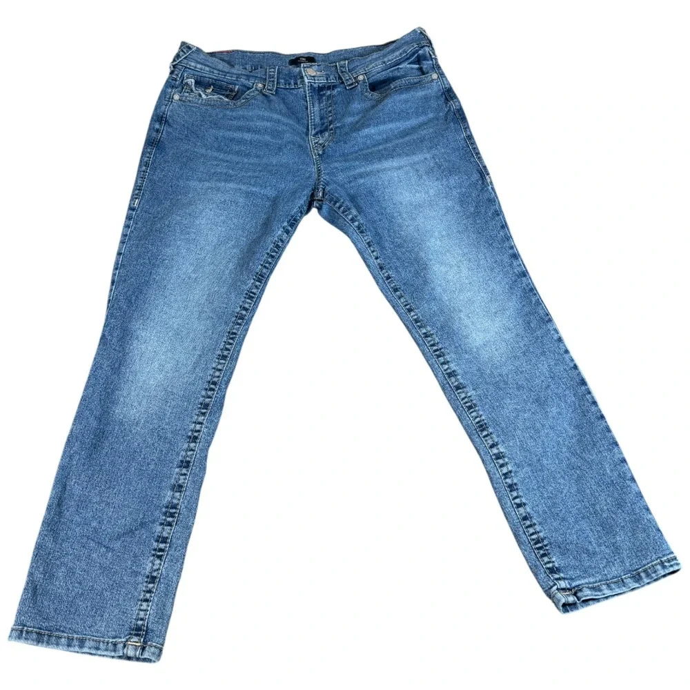 True Religion GENO Relaxed Slim Jeans Mens 38 Blue Denim Stretch Straight Leg